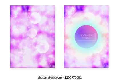Fluorescent background with liquid neon shapes. Purple fluid. Luminous cover with bauhaus gradient. Graphic template for flyer, ui, magazine, poster, banner and app. Colorful fluorescent background.