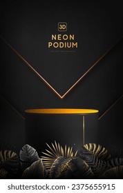 Fluorescent black neon showcase background with 3d podium and tropic leaves.  Summer nature concept. Vector illustration