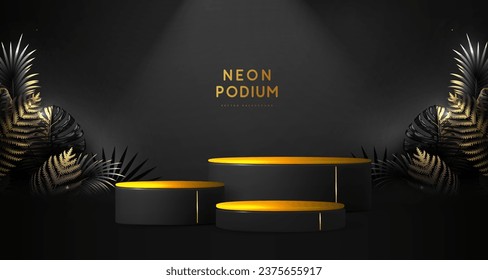 El fondo del neón negro fluorescente se exhibe con un podio 3d y hojas tropicales.  Concepto de naturaleza veraniega. Ilustración del vector