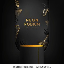 Fluorescent black neon showcase background with 3d podium and tropic leaves.  Summer nature concept. Vector illustration