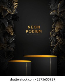 Fluorescent black neon showcase background with 3d podium and tropic leaves.  Summer nature concept. Vector illustration
