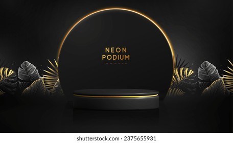 El fondo del neón negro fluorescente se exhibe con un podio 3d y hojas tropicales.  Concepto de naturaleza veraniega. Ilustración del vector