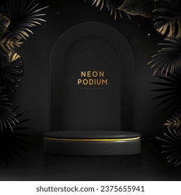 El fondo del neón negro fluorescente se exhibe con un podio 3d y hojas tropicales.  Concepto de naturaleza veraniega. Ilustración del vector