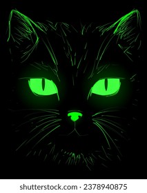 Fluorescent cat. Vector with black background. Fluorescent green. Cat. Cat eyes.