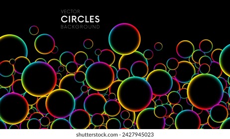 Fluorescent circle particles dynamic flow. Luminous floating balls shine with rainbow colors on black background. Colorful rainbow random flying glowing circles, spheres or bubbles. Vector background