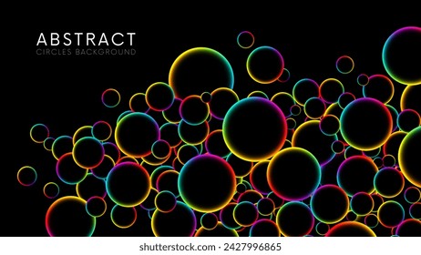 Fluorescent circle particles dynamic flow. Luminous floating balls shine with rainbow colors on black background. Colorful rainbow random flying glowing circles, spheres or bubbles. Vector background