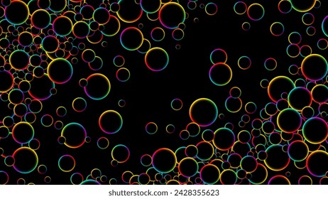Fluorescent circle particles dynamic flow. Luminous floating balls shine with rainbow colors on black background. Colorful rainbow random flying glowing circles, spheres or bubbles. Vector background