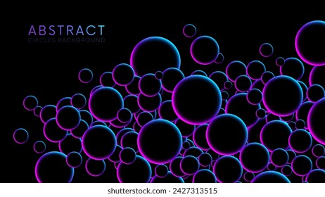 Fluorescent circular particles dynamic flow. Luminous floating balls in blue and pink neon glow colors on black. Futuristic random flying neon glowing circles, spheres or bubbles. Vector background