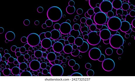 Fluorescent circular particles dynamic flow. Luminous floating balls in blue and pink neon glow colors on black. Futuristic random flying neon glowing circles, spheres or bubbles. Vector background
