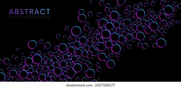 Fluorescent circular particles dynamic flow. Luminous floating balls in blue and pink neon glow colors on black. Futuristic random flying neon glowing circles, spheres or bubbles. Vector background