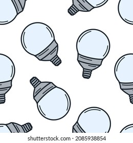 Fluorescent cold lightbulbs seamless pattern. Background with round bulbs doodle style vector illustration. Template for design, wallpaper, packaging and paper