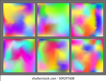 Fluorescent colors backgrounds set. Holographic effect. Applicable for gift card,cover,poster,brochure,magazine. Vector template.