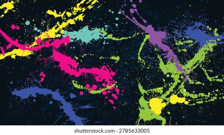 Fluorescent colors splattered haphazardly across the dark background.