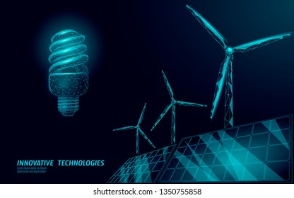 Fluorescente bombilla ligera ligera ideal de negocio. La ecología ahorra al medio ambiente energía eólica verde energía sostenible. Ilustración vectorial 3D triangular azul de bajo ángulo