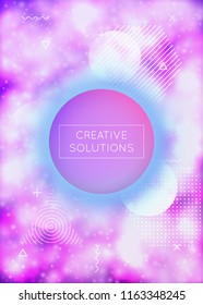 Fluorescent cover with liquid neon shapes. Purple fluid. Luminous background with bauhaus gradient. Graphic template for placard, presentation, banner, brochure. Colorful fluorescent cover.