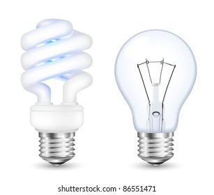 Fluorescent energy saving and incandescent light bulbs. Vector