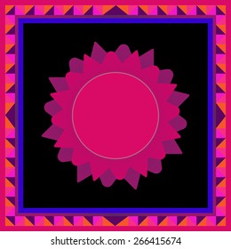 Fluorescent flower in the frame of solored blocks in an optical illusion. Multicolored cubes go from big to small to create an optical illyuson bright pink and dark blue color.