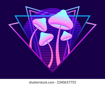 Fluorescent glowing mushrooms at sunset in 80s retro futuristic style. Rave party. Gradient bioluminescent mushroom. Hallucinogenic mushroom on a long stalk. Bioluminescent fungus. Vector illustration