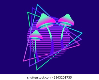 Fluorescent glowing mushrooms at sunset in 80s retro futuristic style. Rave party. Gradient bioluminescent mushroom. Hallucinogenic mushroom on a long stalk. Bioluminescent fungus. Vector illustration