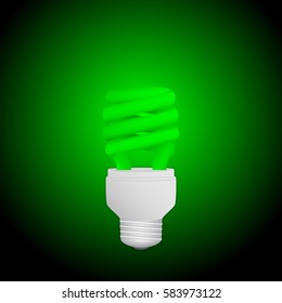 Fluorescent green economical light bulb glowing on a dark background. Save energy lamp. Realistic vector illustration..