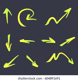 Fluorescent handwritten wide marker arrows. Design elements for note-taking and to point or indicate direction.