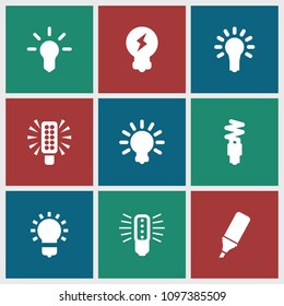 Fluorescent icon. collection of 9 fluorescent filled icons such as highlighter, light bulb. editable fluorescent icons for web and mobile.