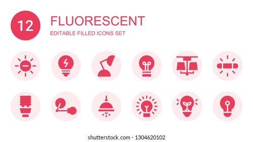 fluorescent icon set. Collection of 12 filled fluorescent icons included White balance, Bulb, Lamp, Lightbulb