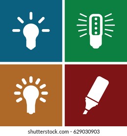 Fluorescent icons set. set of 4 fluorescent filled icons such as highlighter, light bulb