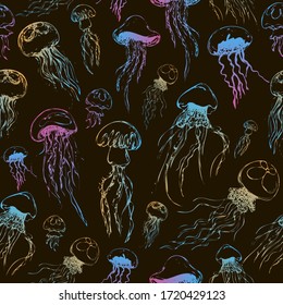 fluorescent jellyfish with stinging cells float in space. Seamless pattern with dark black backgrounds. Doodles. Vector hand-drawn stock illustration. sketch line. pink-blue and yellow jellyfish