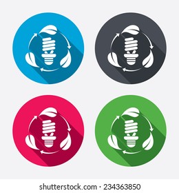 Fluorescent lamp bulb with leaves sign icon. Energy saving. Economy symbol. Circle buttons with long shadow. 4 icons set. Vector