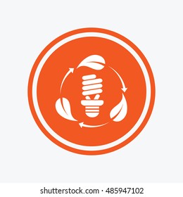 Fluorescent lamp bulb with leaves sign icon. Energy saving. Economy symbol. Graphic design element. Flat fluorescent lamp symbol on the round button. Vector