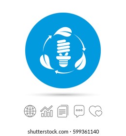 Fluorescent lamp bulb with leaves sign icon. Energy saving. Economy symbol. Copy files, chat speech bubble and chart web icons. Vector