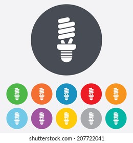 Fluorescent lamp bulb sign icon. Energy saving. Idea and success symbol. Round colourful 11 buttons. Vector