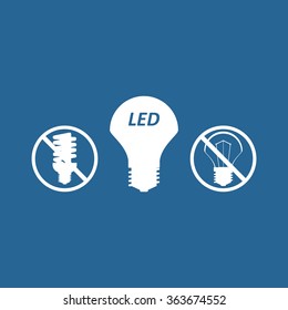 fluorescent lamp, LED lamp, incandescent bulb icon, vector illustration. Flat design style