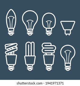 Fluorescent lamp and light bulb outline icons, vector