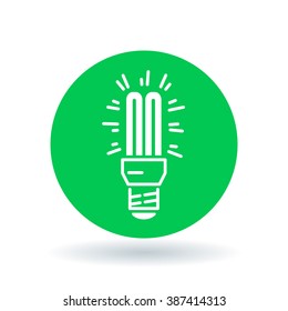 Fluorescent light bulb icon. Compact lightbulb sign. CFL bulb symbol. White icon on green circle background. Vector illustration.