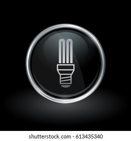 Fluorescent light symbol with CFL lightbulb icon inside round chrome silver and black button emblem on black background. Vector illustration.