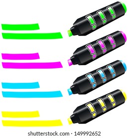 Fluorescent Marker - Four fluorescent markers draw a colored trail. Green, pink, blue and yellow. Isolated vector on white background.