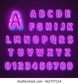 Fluorescent neon font on dark background. Nightlight alphabet. Vector illustration.