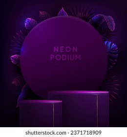 Fluorescent neon showcase background with 3d podium and tropic leaves.  Summer nature concept. Vector illustration