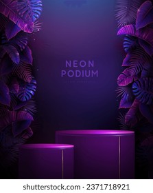 Fluorescent neon showcase background with 3d podium and tropic leaves.  Summer nature concept. Vector illustration