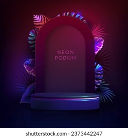 Fluorescent neon showcase background with 3d podium and tropic leaves.  Summer nature concept. Vector illustration