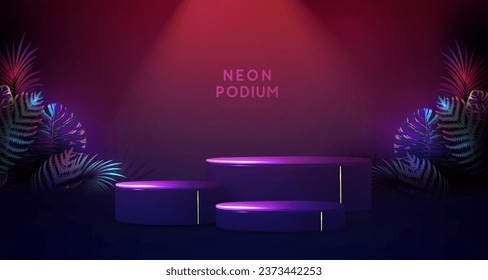 Fluorescent neon showcase background with 3d podium and tropic leaves.  Summer nature concept. Vector illustration