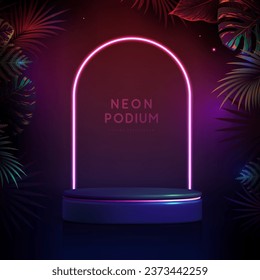 Fluorescent neon showcase background with 3d podium and tropic leaves.  Summer nature concept. Vector illustration