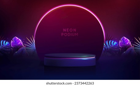 El fondo del neón fluorescente se exhibe con hojas tridimensionales y trópicas.  Concepto de naturaleza veraniega. Ilustración del vector