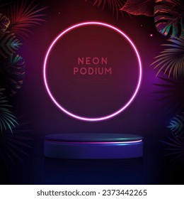 Fluorescent neon showcase background with 3d podium and tropic leaves.  Summer nature concept. Vector illustration
