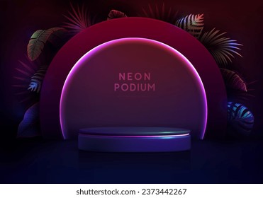 Fluorescent neon showcase background with 3d podium and tropic leaves.  Summer nature concept. Vector illustration