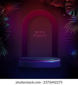 El fondo del neón fluorescente se exhibe con hojas tridimensionales y trópicas.  Concepto de naturaleza veraniega. Ilustración del vector