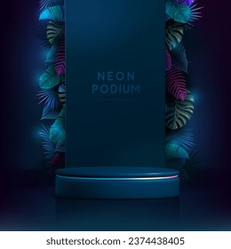 Fluorescent neon showcase background with 3d podium and tropic leaves.  Summer nature concept. Vector illustration