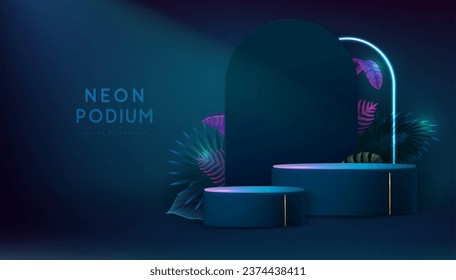 Fluorescent neon showcase background with 3d podium and tropic leaves.  Summer nature concept. Vector illustration